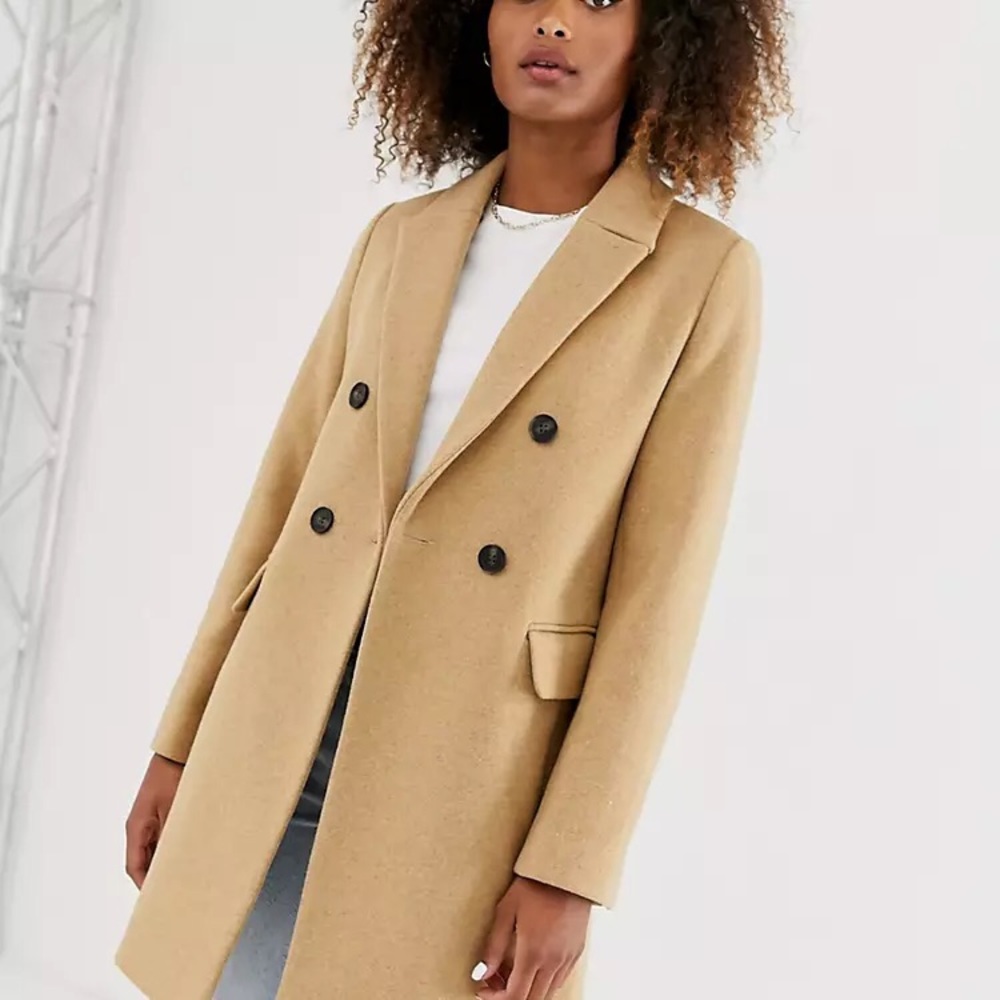 ASOS Stradivarius Double-Breasted Tailored Coat in Camel